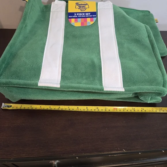 Banana Boat 3 Pc Beach Set Terry Cloth Large Tote Visor Wet Bag Green White - Picture 10 of 14